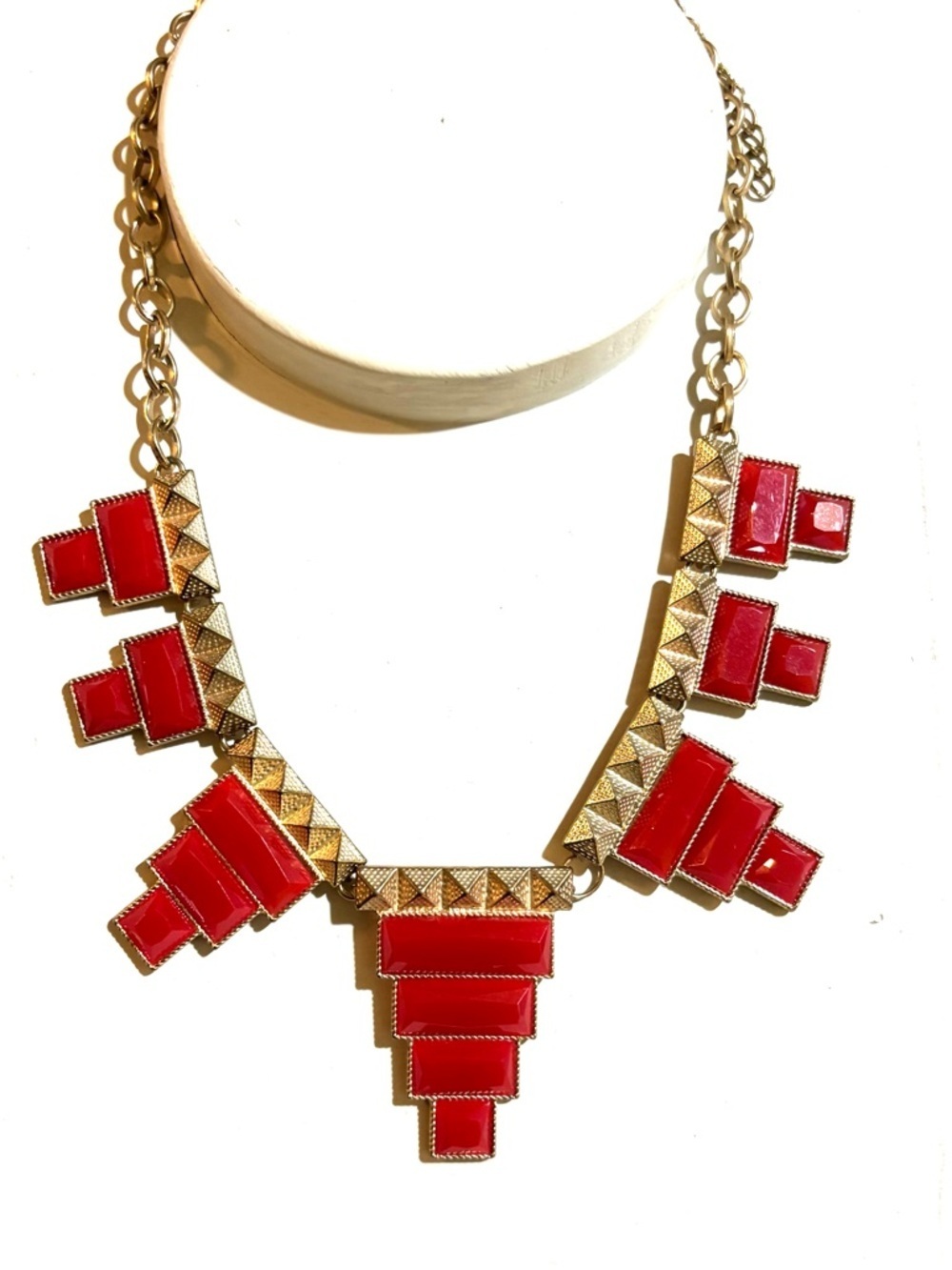 Fashion Jewelry Gold-Tone Necklace with Red Geometric Accents